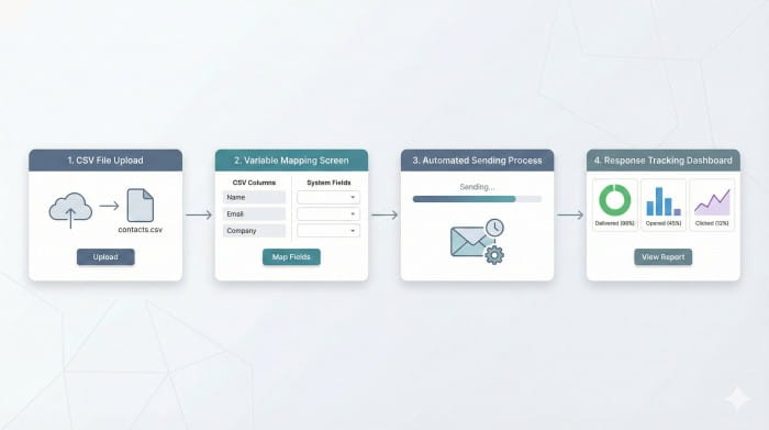 CSV file upload, variable mapping screen, automated sending process, and response tracking dashboard