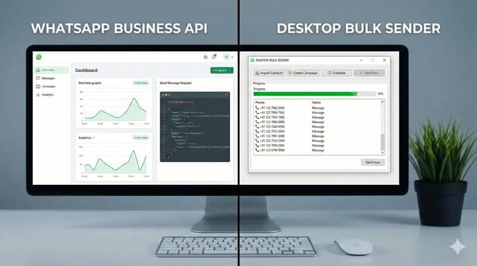 WhatsApp Business API interface on one side and desktop bulk sender software