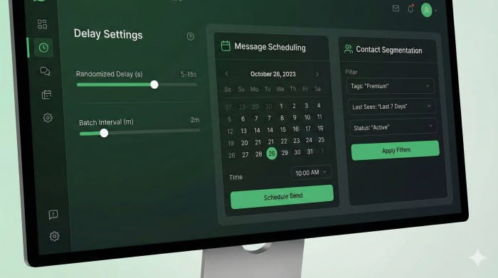 delay settings, message scheduling panel, and contact segmentation filters
